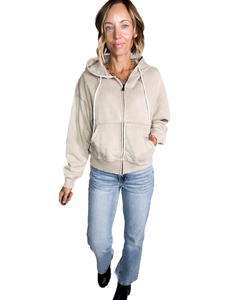 Muse Acid Wash Fleece Zip Up Hoodie- ASH MOCHA