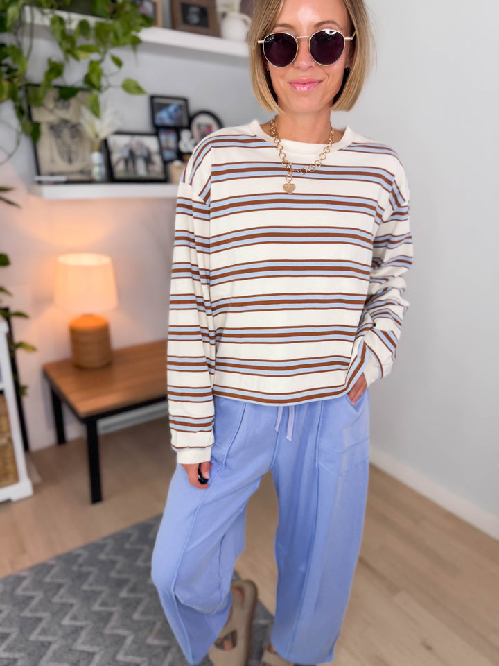 Daisee Stripe Cotton Crewneck- BLUE CAMEL