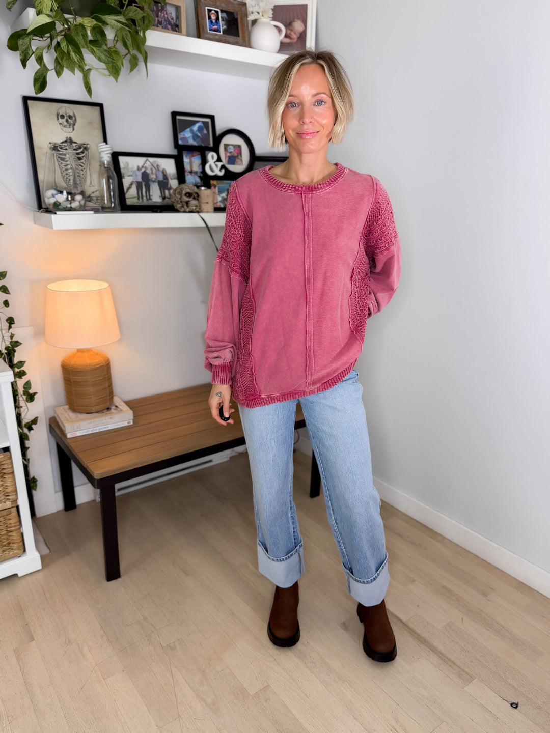 Victoria Washed Cotton Sweater- RASPBERRY