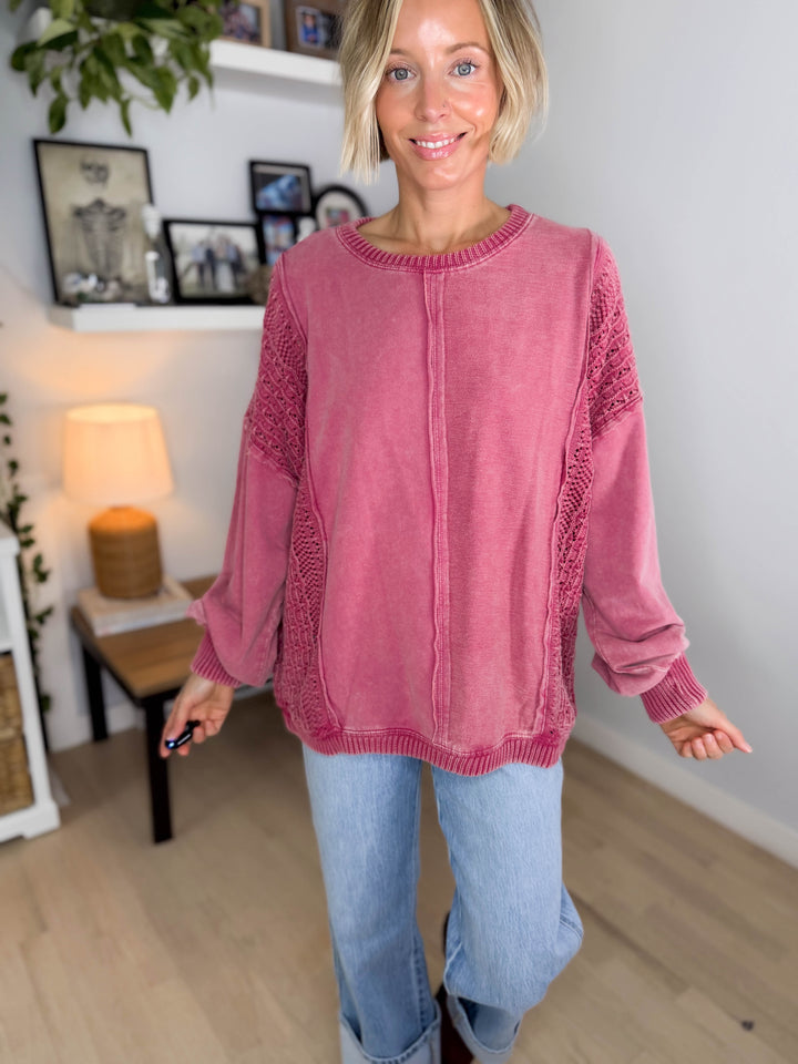 Victoria Washed Cotton Sweater- RASPBERRY