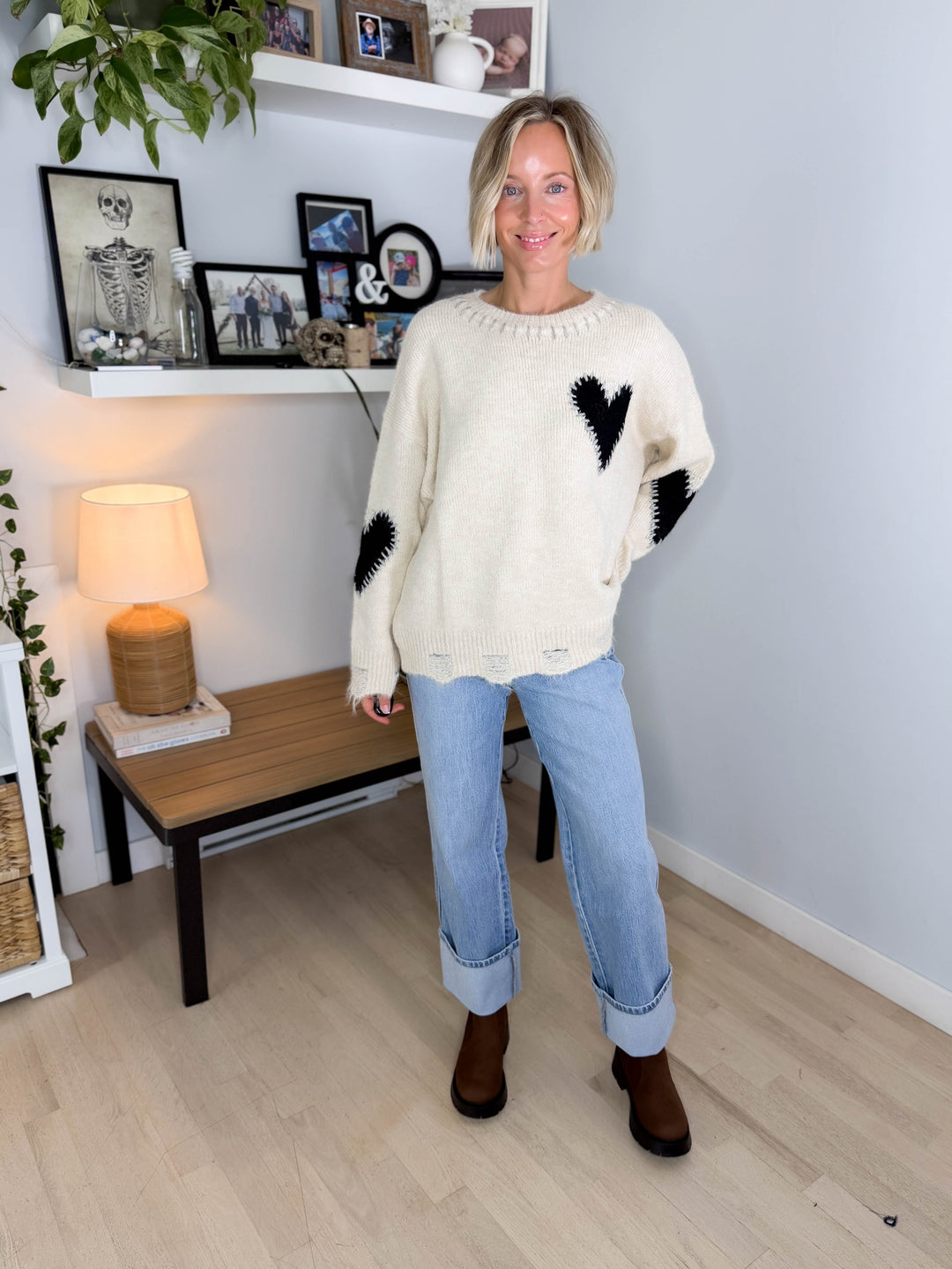 Cherish Distressed Heart Sweater- OATMEAL