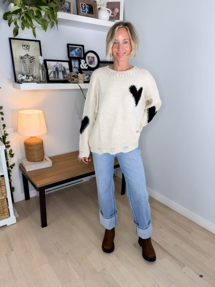 Cherish Distressed Heart Sweater- OATMEAL
