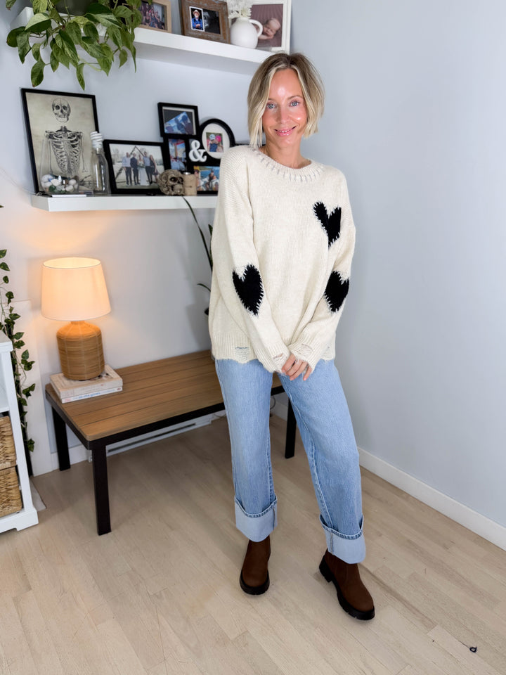 Cherish Distressed Heart Sweater- OATMEAL