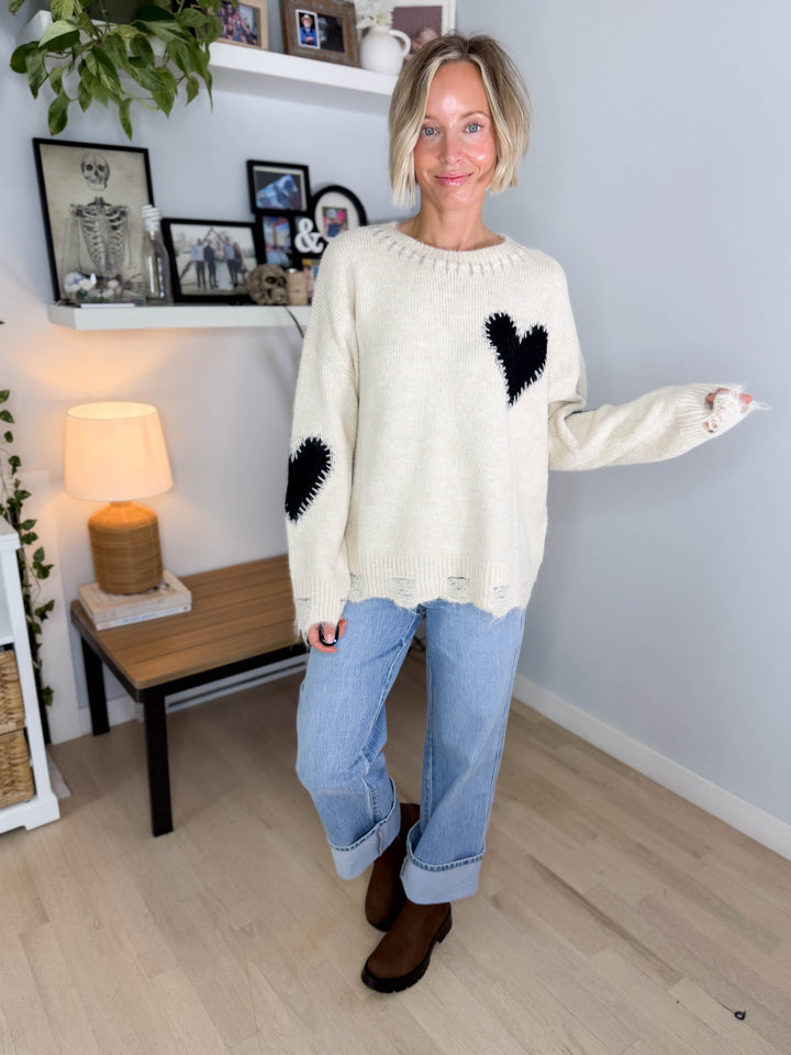 Cherish Distressed Heart Sweater- OATMEAL