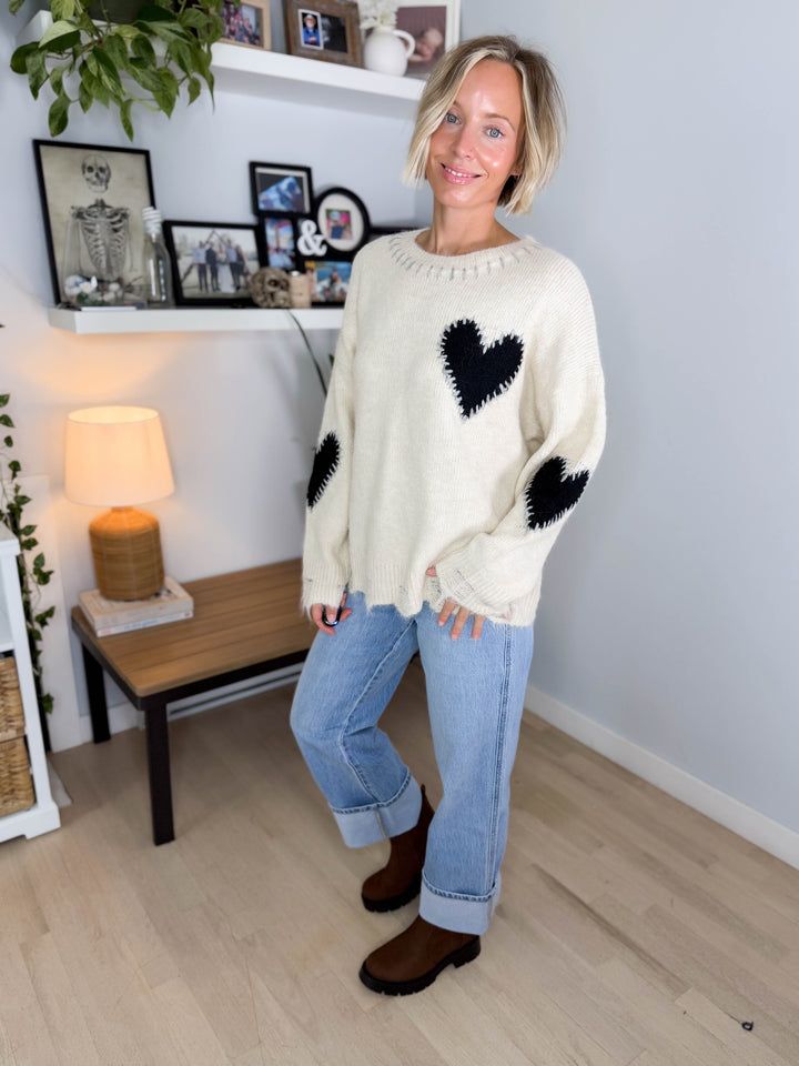 Cherish Distressed Heart Sweater- OATMEAL