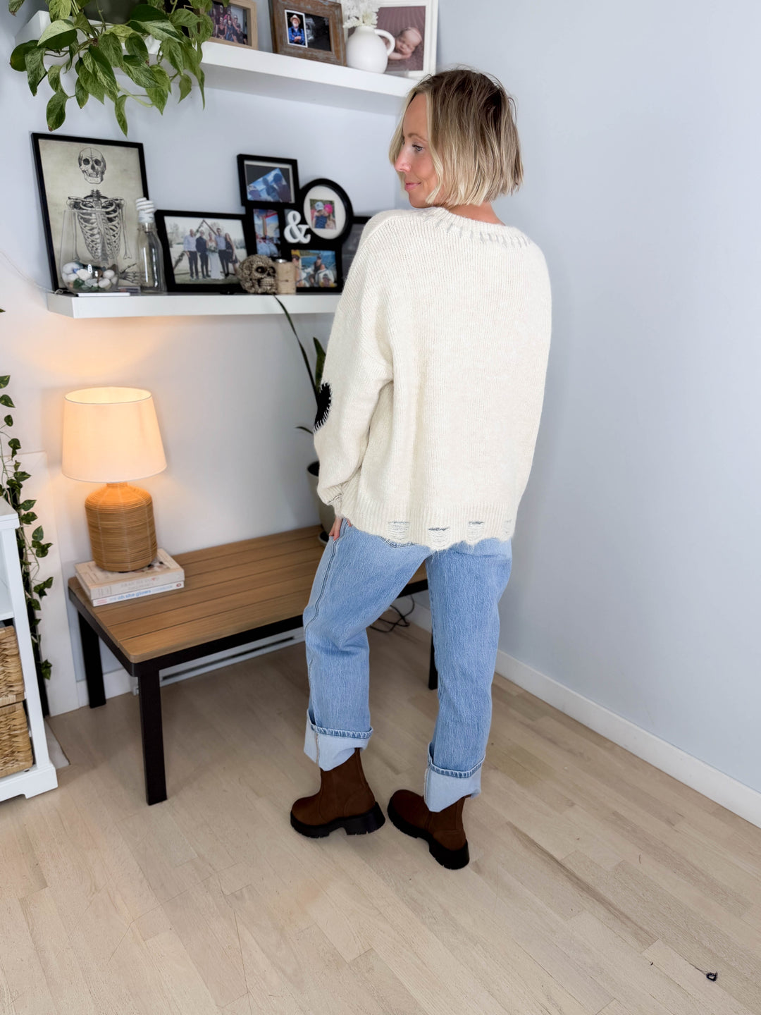 Cherish Distressed Heart Sweater- OATMEAL