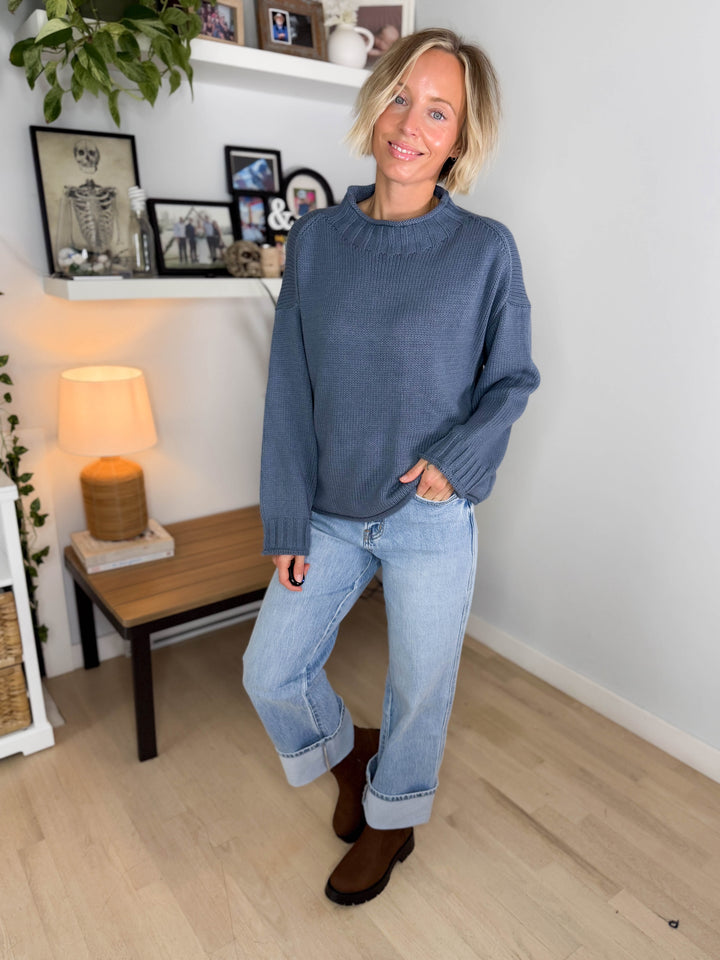 Bella Fisherman Knit Sweater- SLATE BLUE