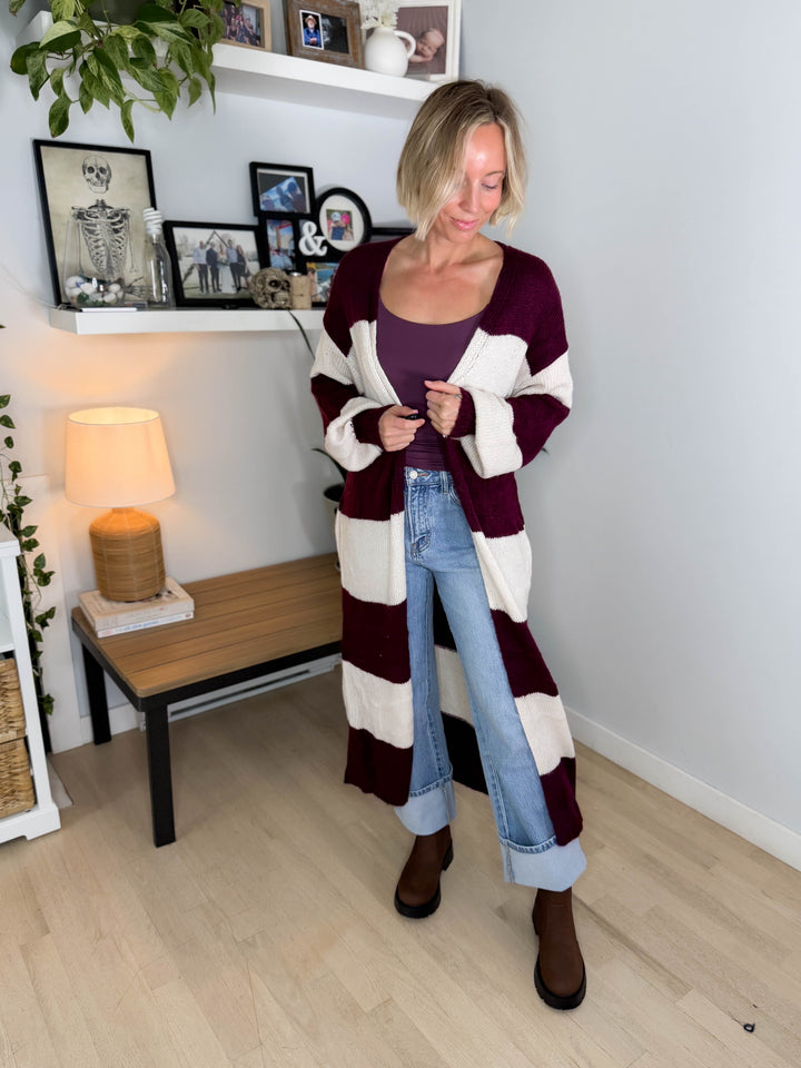 Emma Striped Long Knit Cardigan- BURGUNDY