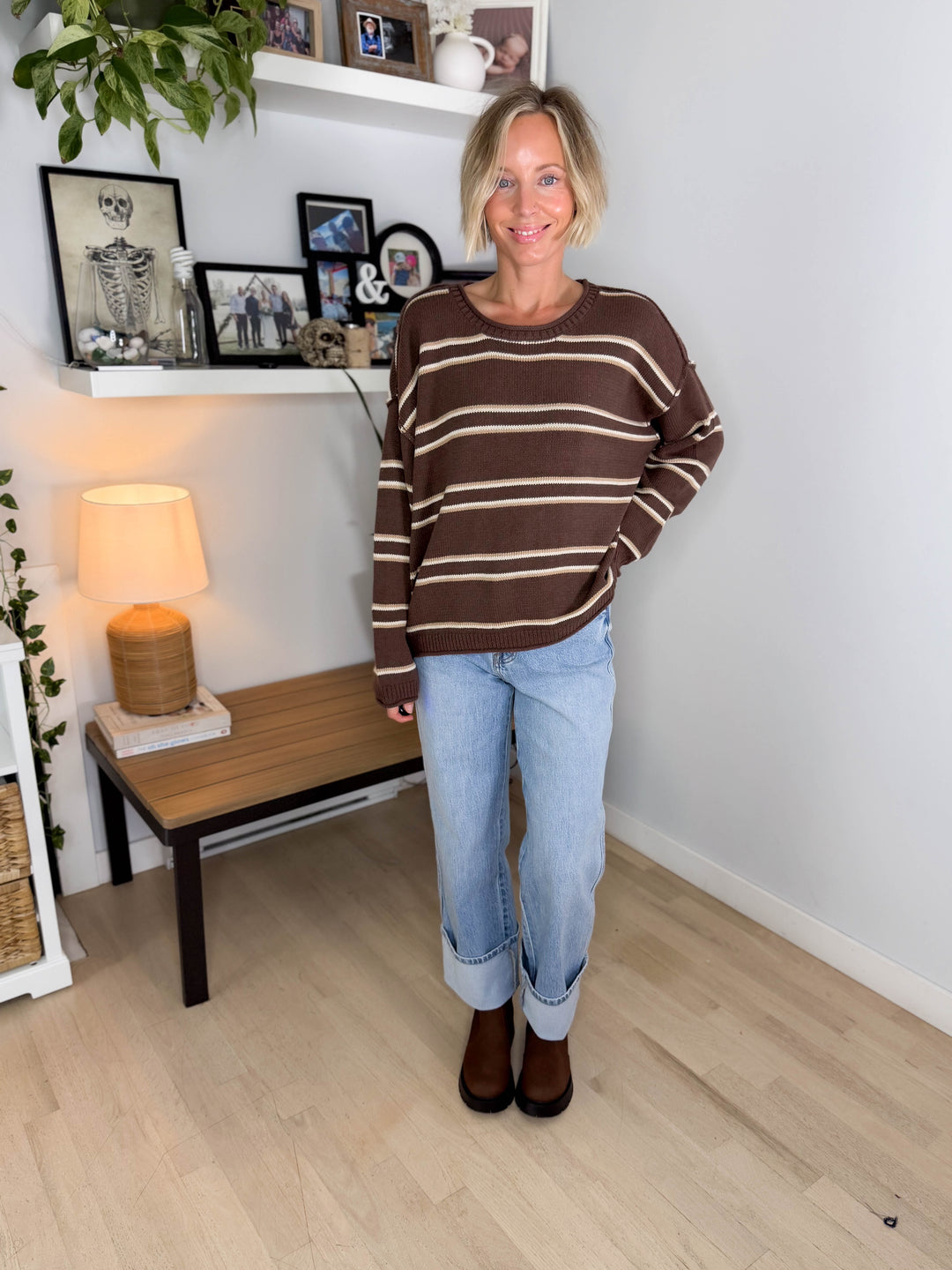 Dove Striped Round Neck Sweater- BROWN MULTI
