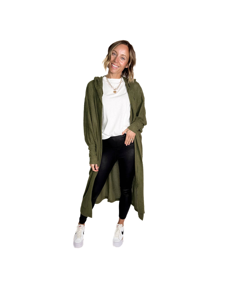 Myah Waffle Duster Cardigan- DARK OLIVE