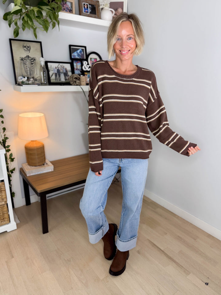 Dove Striped Round Neck Sweater- BROWN MULTI