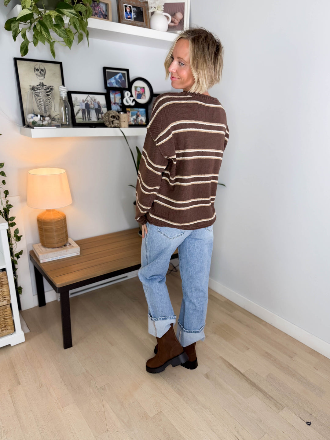 Dove Striped Round Neck Sweater- BROWN MULTI
