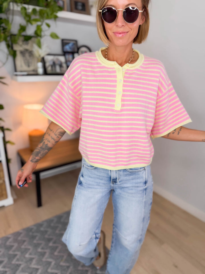 Palmer Striped Short Sleeve Henley- PINK LEMONADE