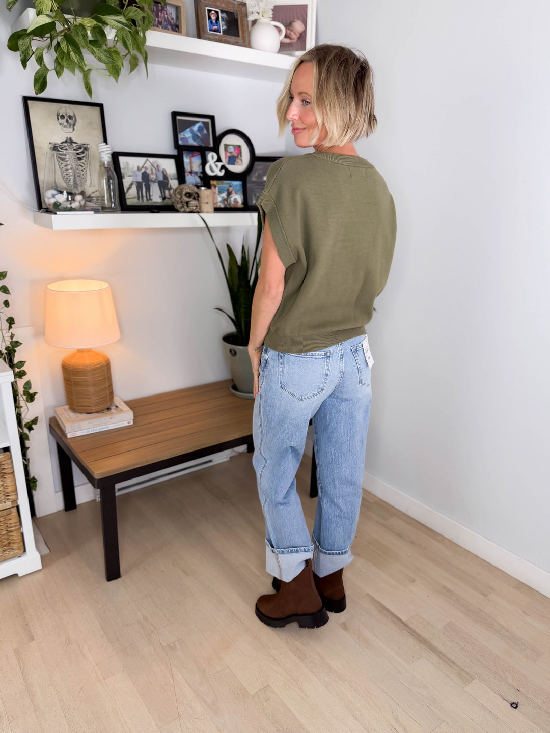 Thyme Short Sleeve Sweater- MARTINI OLIVE
