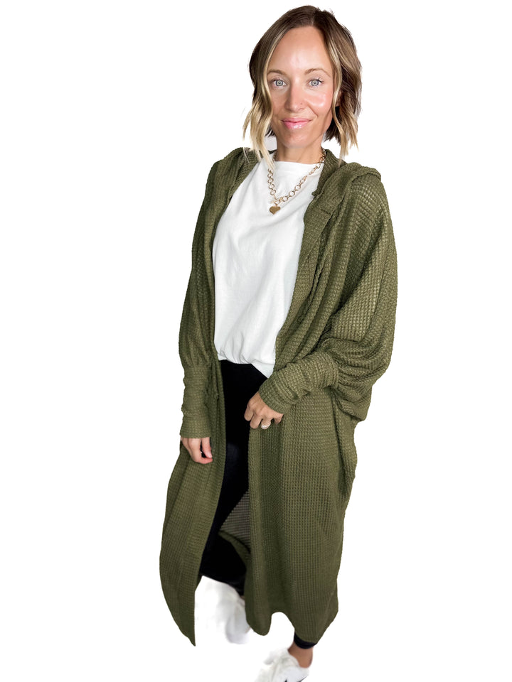 Myah Waffle Duster Cardigan- DARK OLIVE