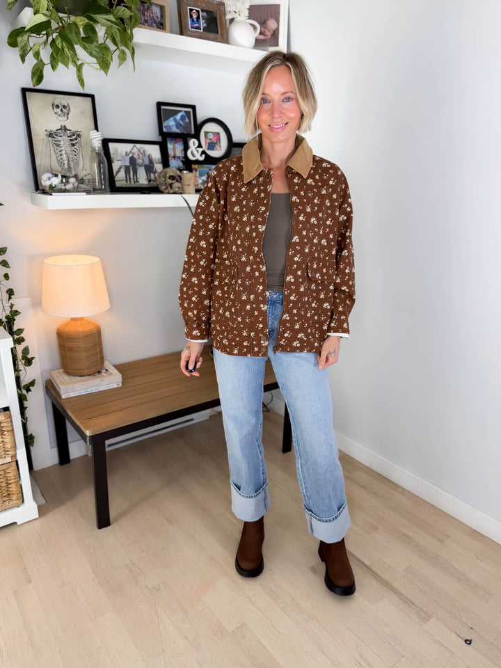 Alex Floral Corduroy Denim Jacket- BROWN MULTI
