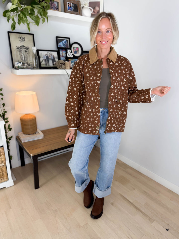 Alex Floral Corduroy Denim Jacket- BROWN MULTI
