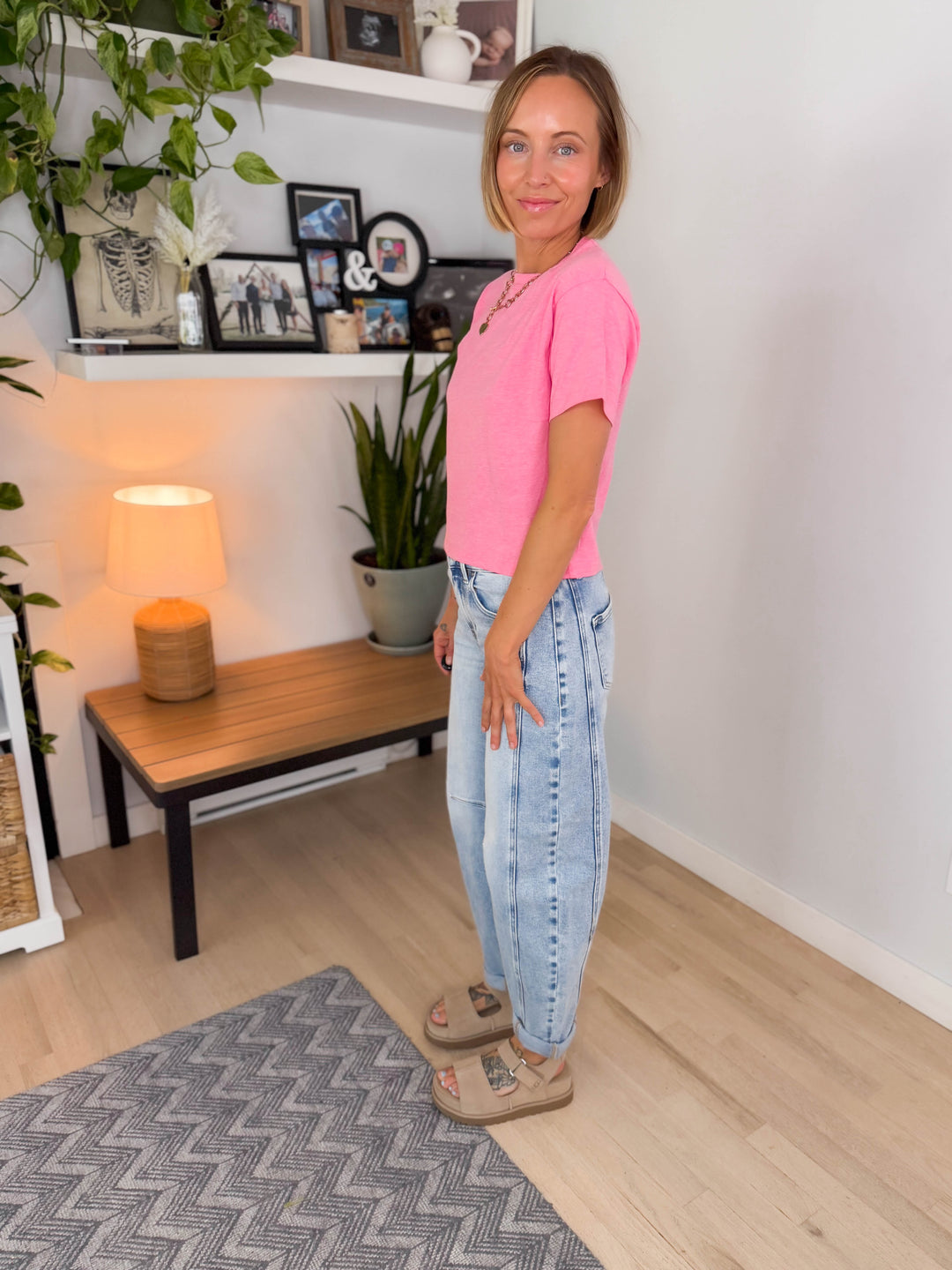 Nova Crew Neck Cropped T-Shirt- HTHR FUCHSIA