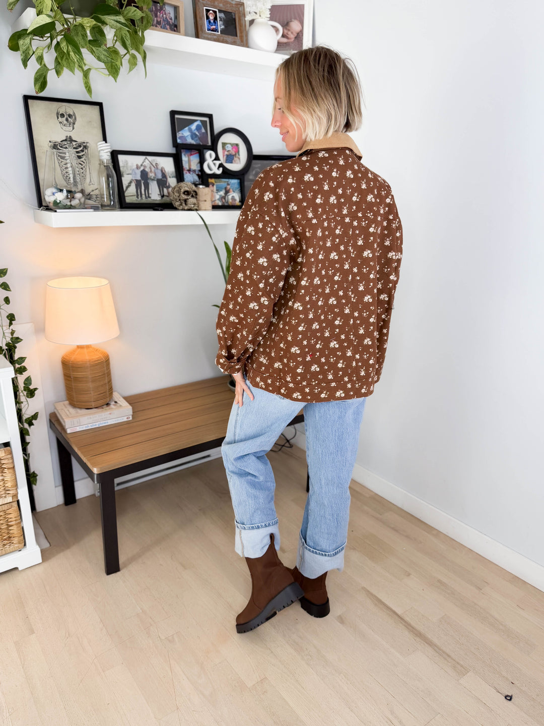 Alex Floral Corduroy Denim Jacket- BROWN MULTI