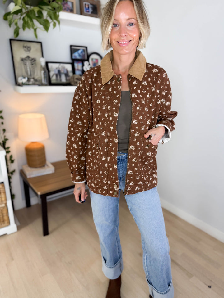 Alex Floral Corduroy Denim Jacket- BROWN MULTI