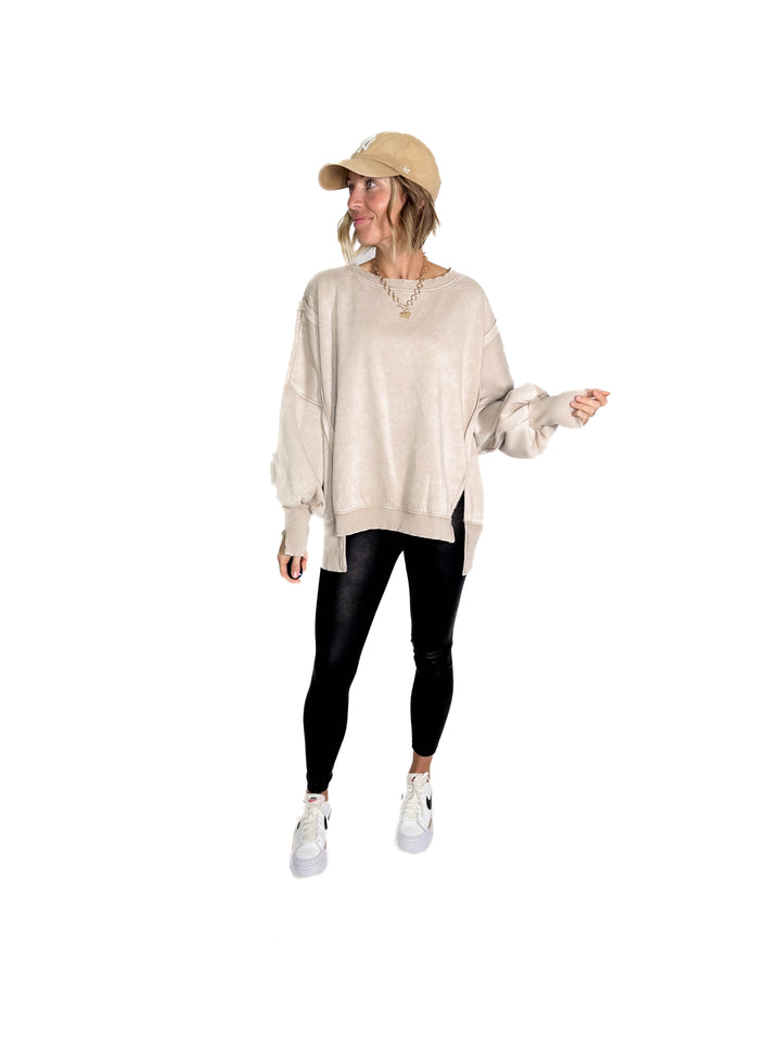 Mellow Acid Wash Fleece Sweatshirt- ASH MOCHA