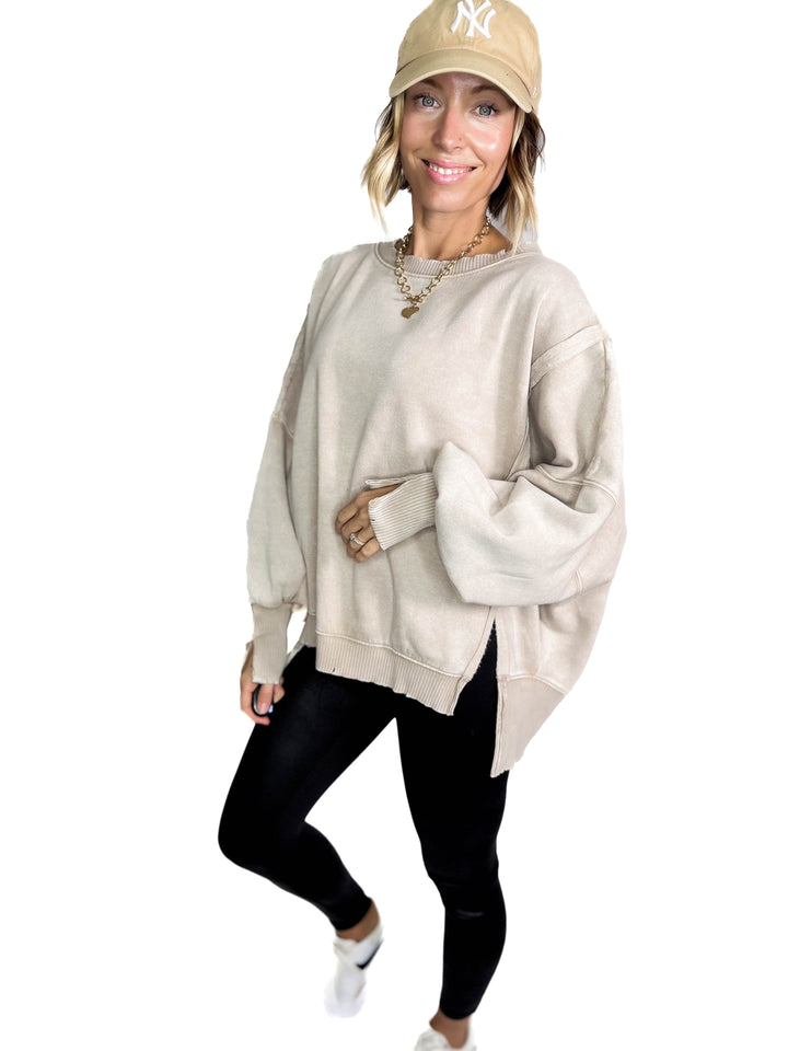 Mellow Acid Wash Fleece Sweatshirt- ASH MOCHA
