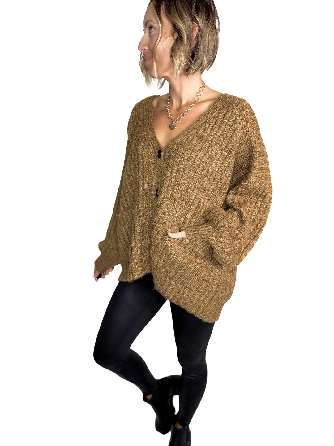 Monroe Oversized Button Sweater Cardigan- KHAKI