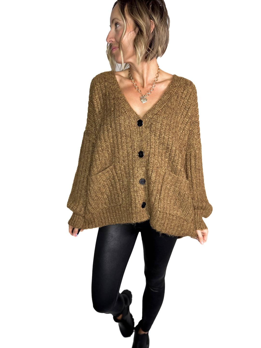 Monroe Oversized Button Sweater Cardigan- KHAKI