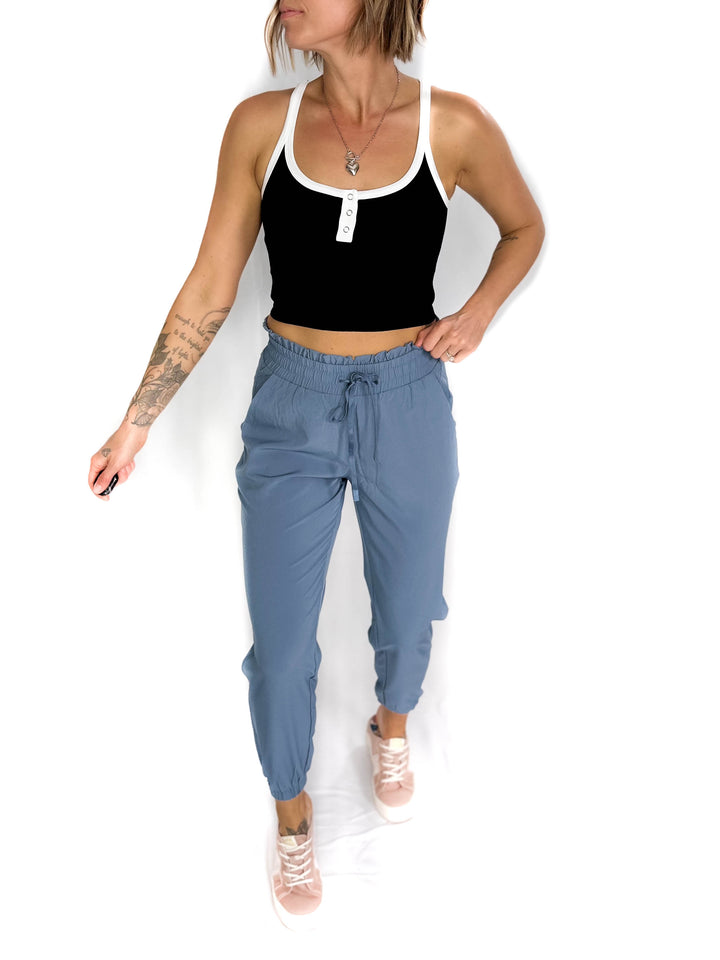 Thea Front Snap Button Contrast Top- BLACK