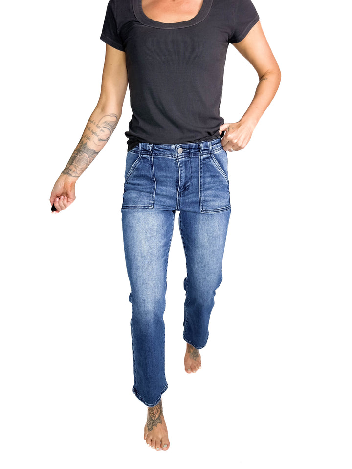 RISEN Groove High Rise Ankle Flare Patch Pocket Jeans- DARK WASH