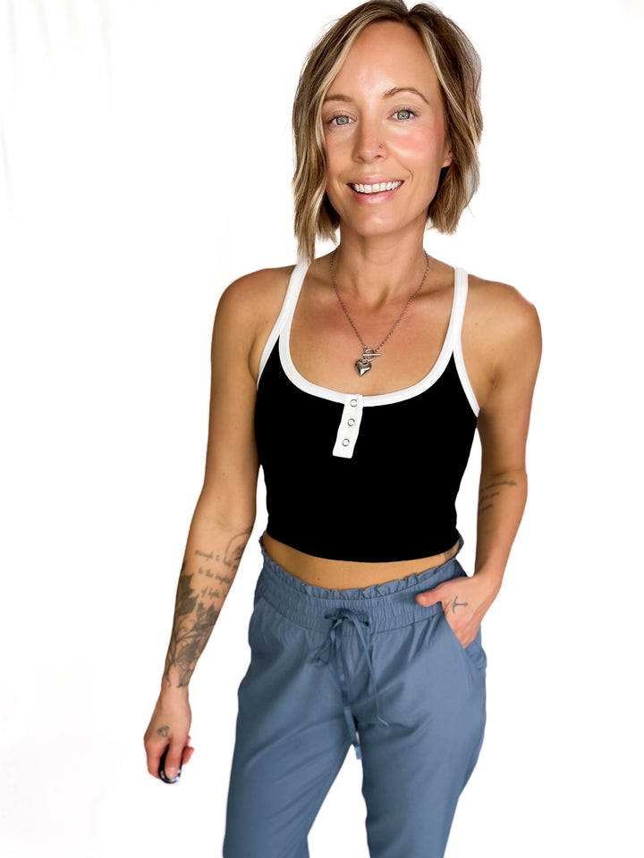 Thea Front Snap Button Contrast Top- BLACK