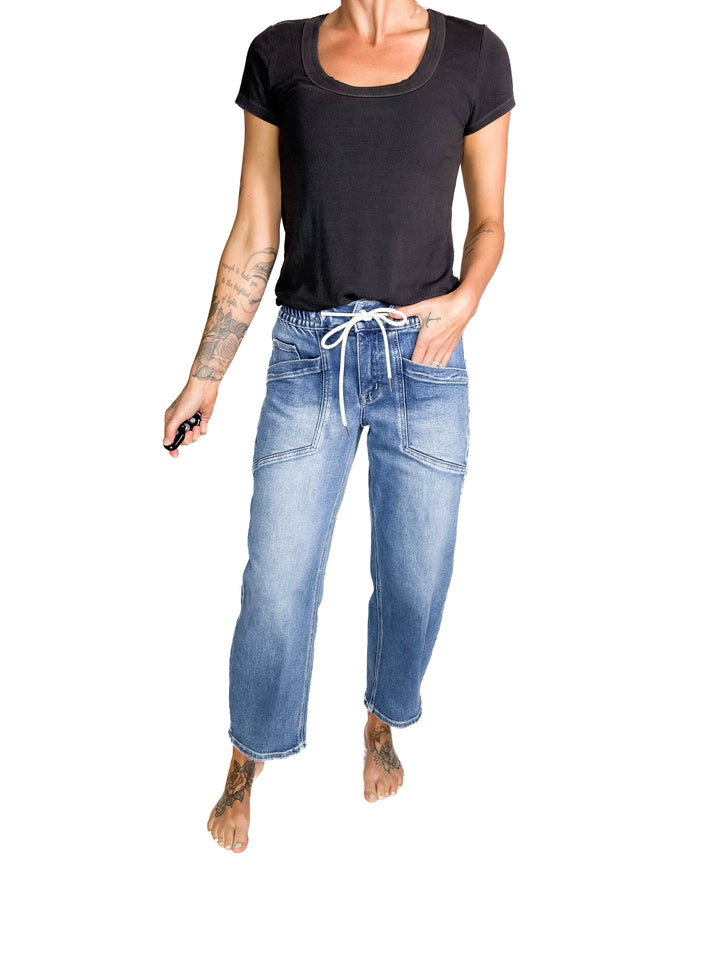 VERVET Eadan High Rise Drawstring Barrel Jean- MEDIUM WASH