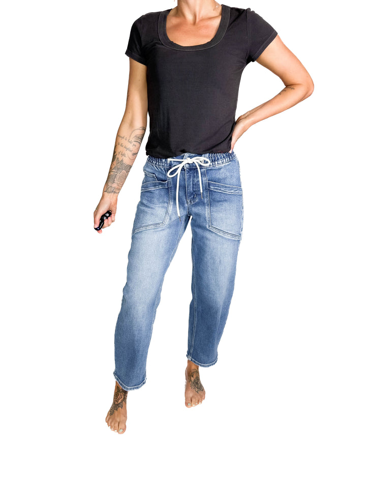 VERVET Eadan High Rise Drawstring Barrel Jean- MEDIUM WASH