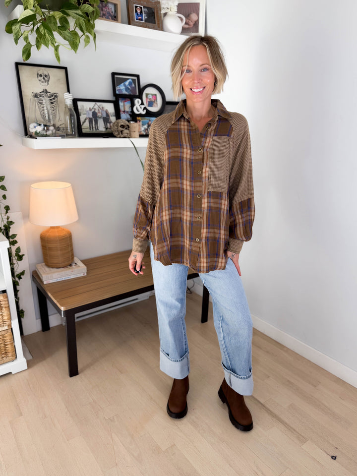 Finn Plaid Mix Cotton Tunic- BROWN