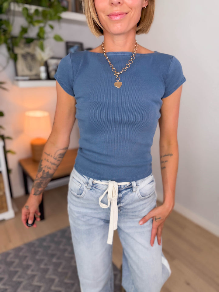 Linden Washed Boat Neck Short Sleeve- VINTAGE BLUE