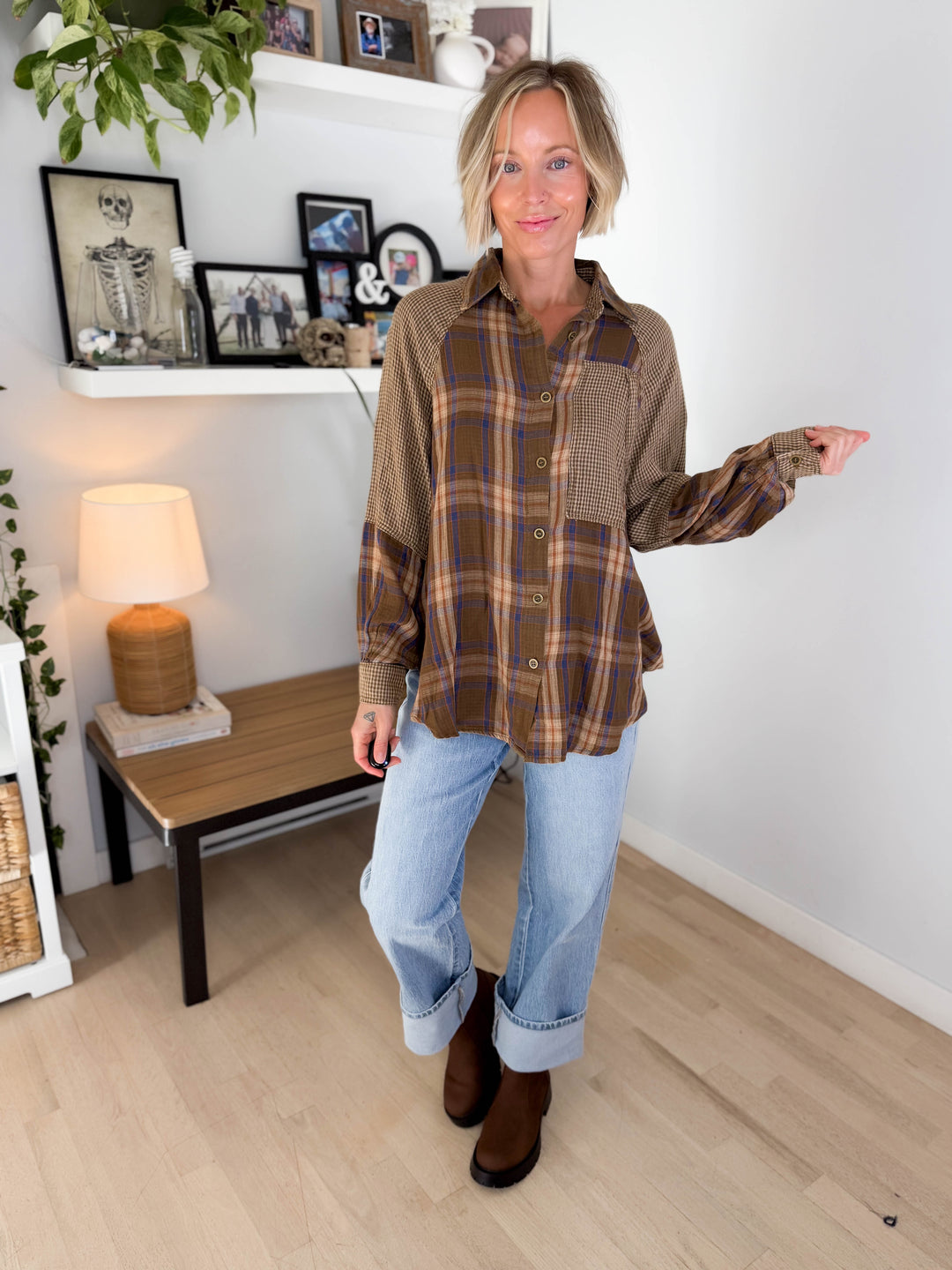 Finn Plaid Mix Cotton Tunic- BROWN