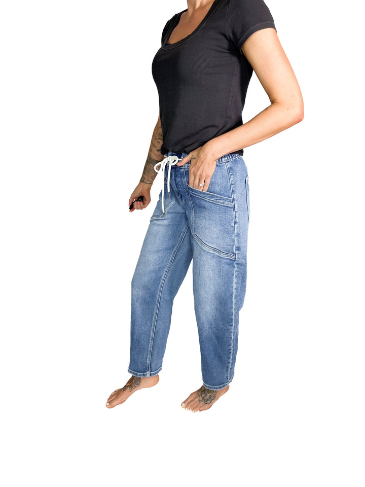 VERVET Eadan High Rise Drawstring Barrel Jean- MEDIUM WASH