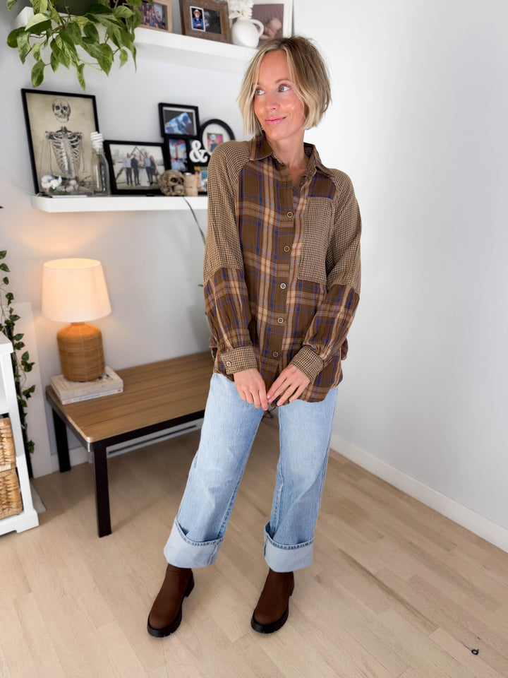 Finn Plaid Mix Cotton Tunic- BROWN