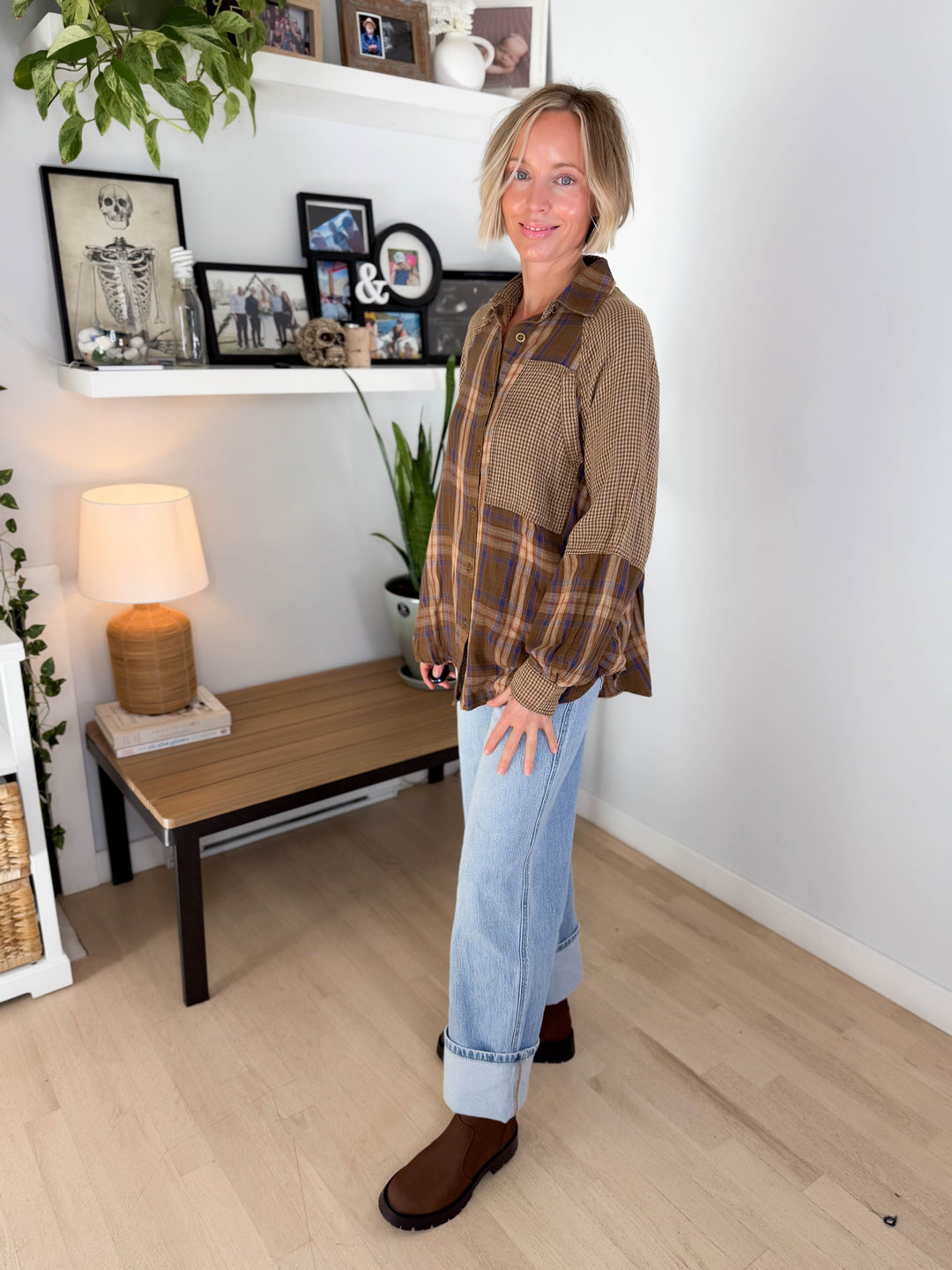 Finn Plaid Mix Cotton Tunic- BROWN