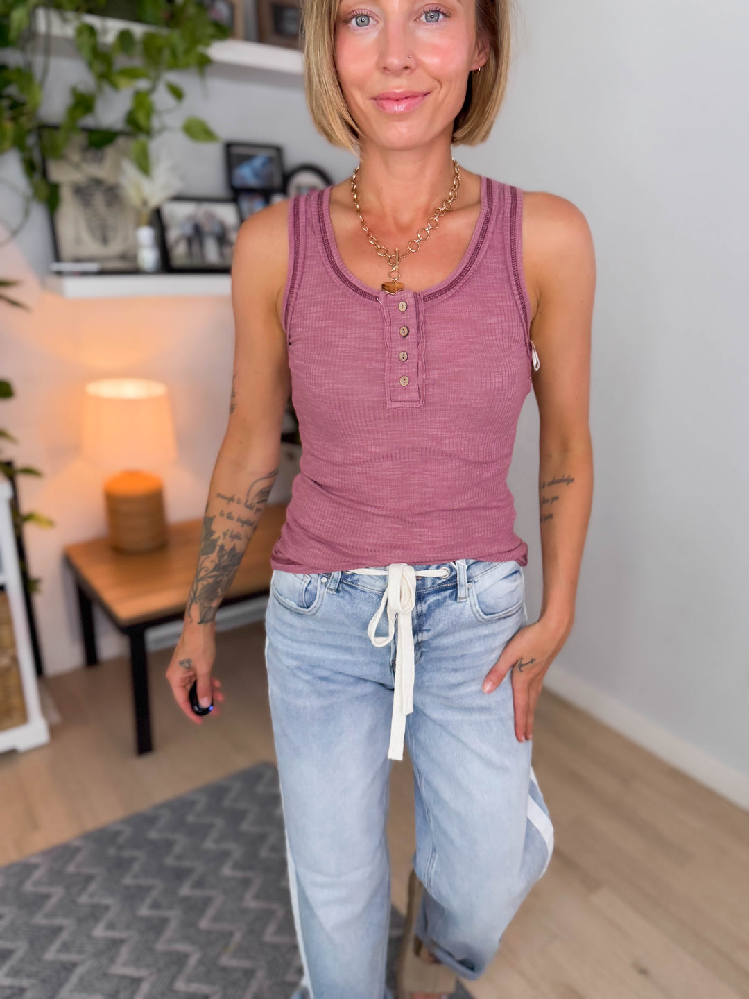 Tropical Breeze Ribbed Henley Tank- BERRY