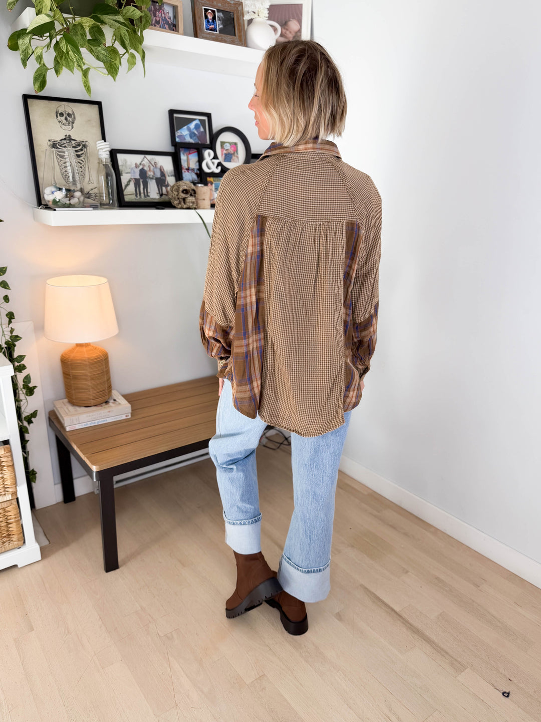 Finn Plaid Mix Cotton Tunic- BROWN