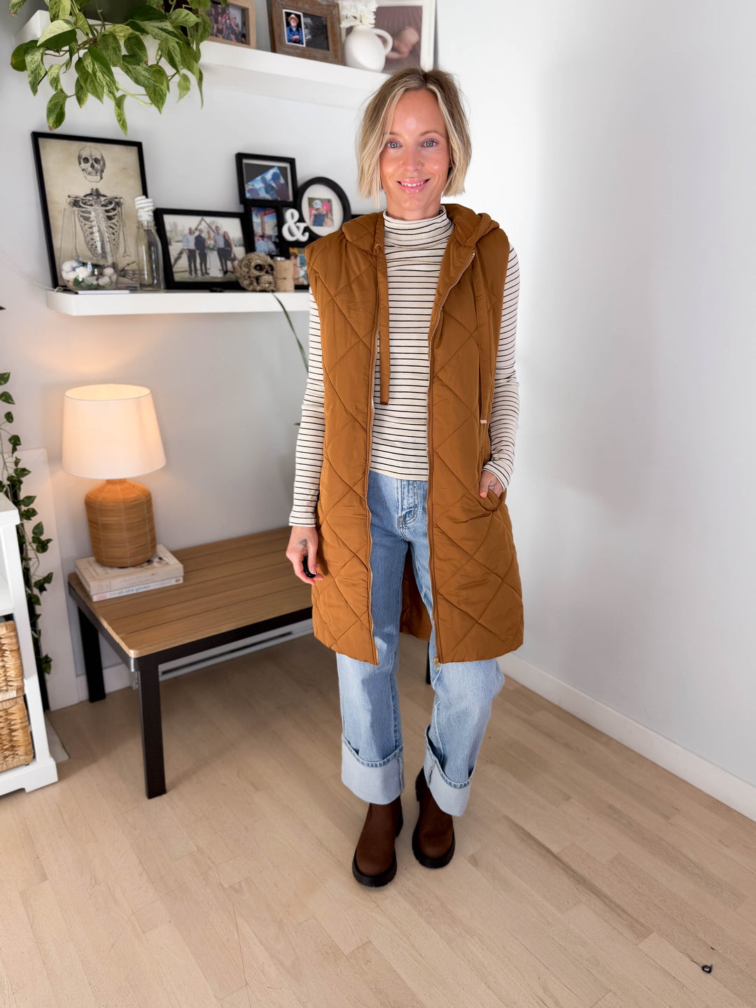 Gloria Quilted Long Puffer Hooded Vest- SPICY LATTE