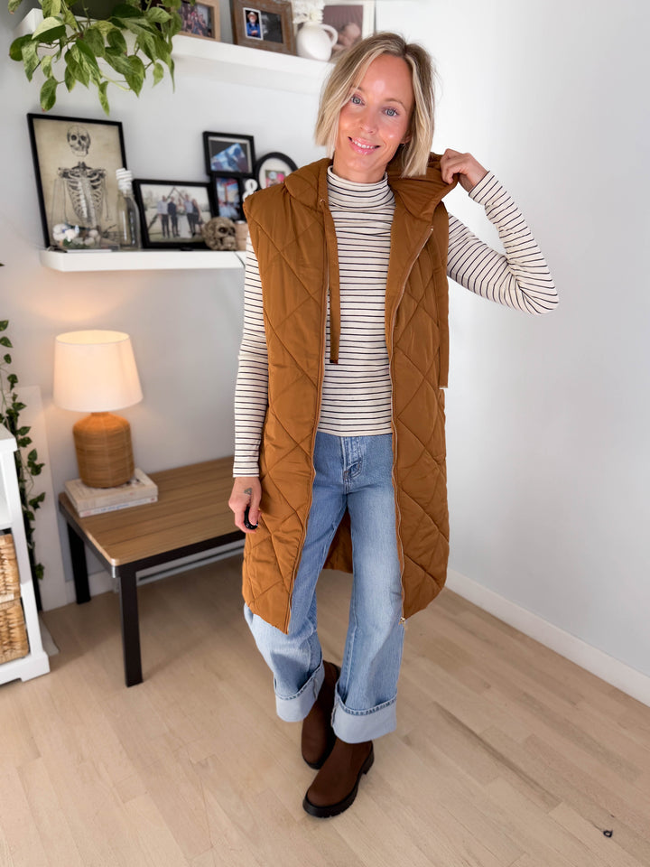 Gloria Quilted Long Puffer Hooded Vest- SPICY LATTE
