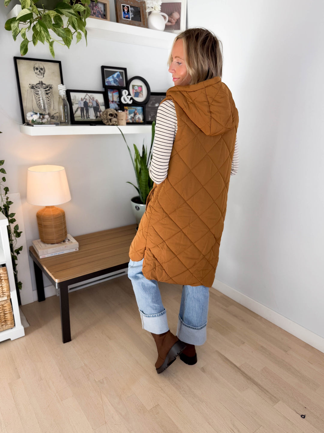 Gloria Quilted Long Puffer Hooded Vest- SPICY LATTE