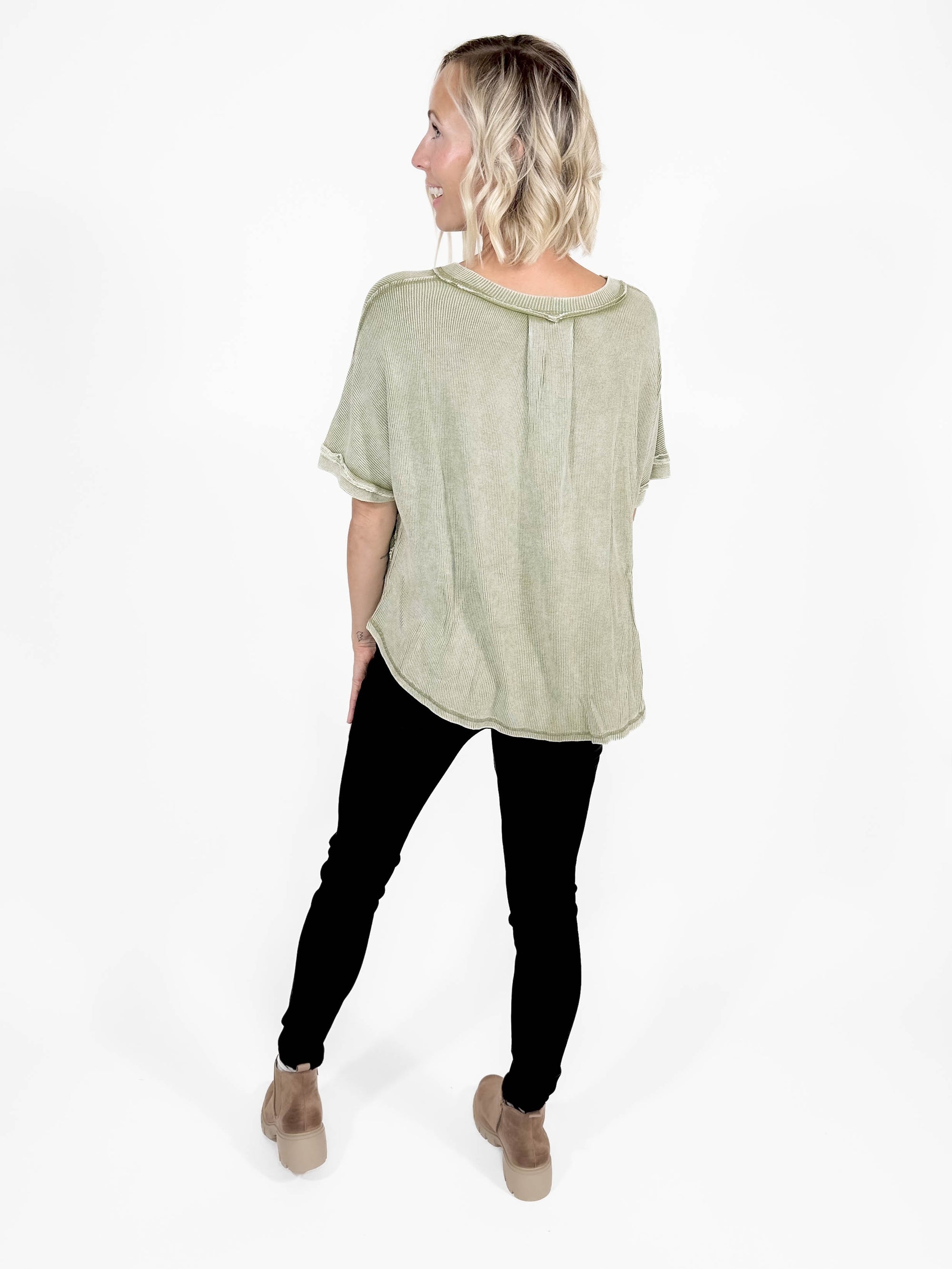 Fall Vibes Washed Henley Tunic- OLIVE