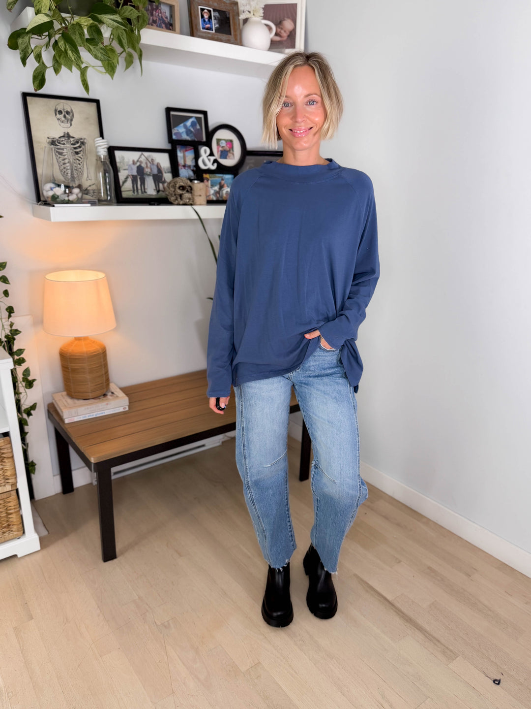 Mono B Scottie Pima Cotton Mockneck Long Sleeve- OCEAN
