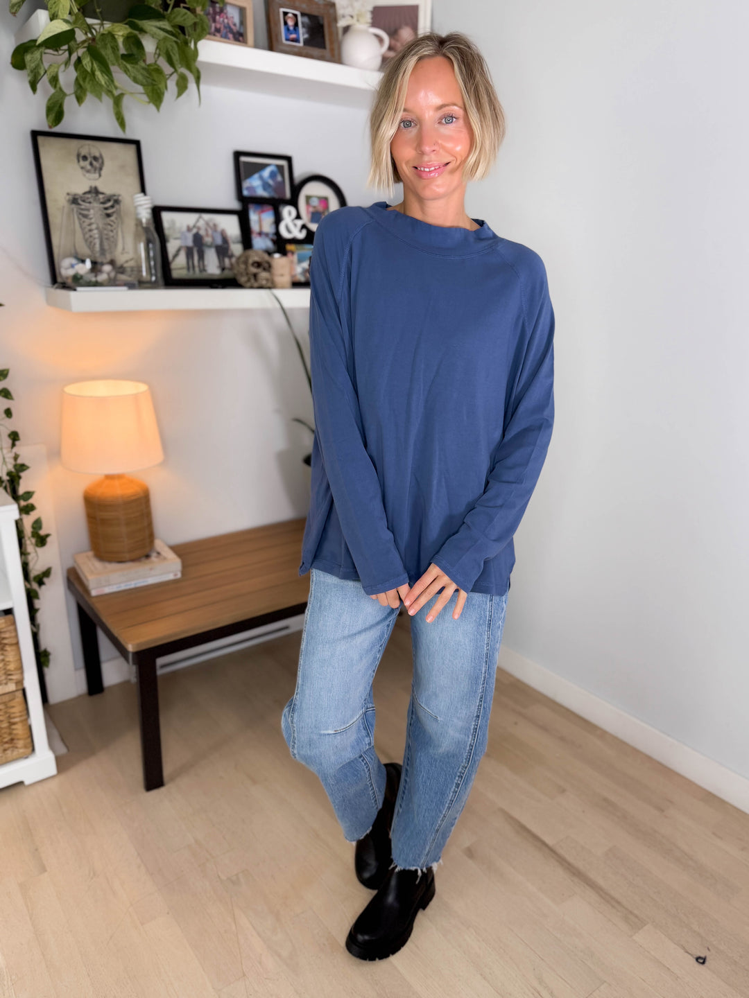Mono B Scottie Pima Cotton Mockneck Long Sleeve- OCEAN