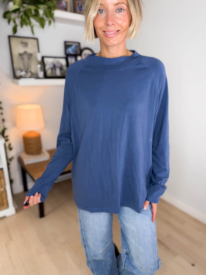 Mono B Scottie Pima Cotton Mockneck Long Sleeve- OCEAN