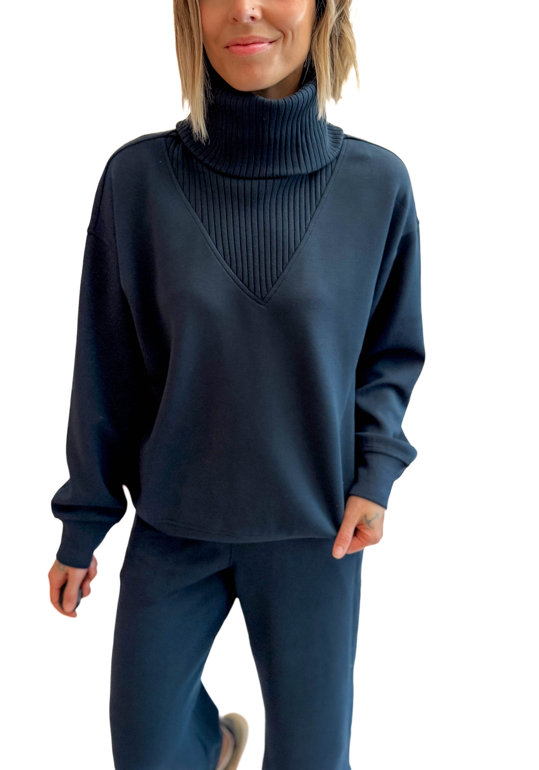 Lemmy Modal Ribbed Turtle Neck Pullover- NAVY TEAL