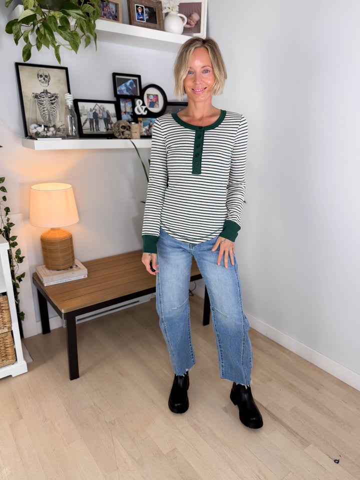 Aurora Waffle Henley Long Sleeve- GREEN/OATMEAL